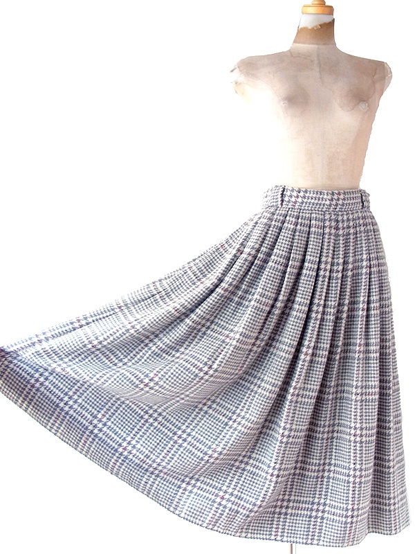 ヨーロッパ古着 フランス買い付け 60年代製 グレイ X レッドステッチ 千鳥格子 ヴィンテージ スカート 25FC212