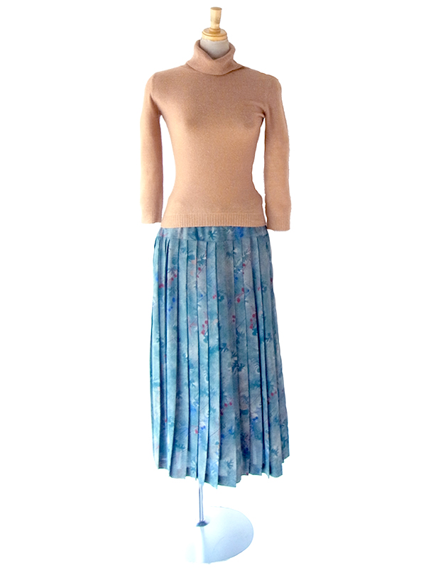 ヨーロッパ古着 フランス買い付け 70年代製 ブルーグリーン×ボタニカル柄 プリーツスカート 25FC215