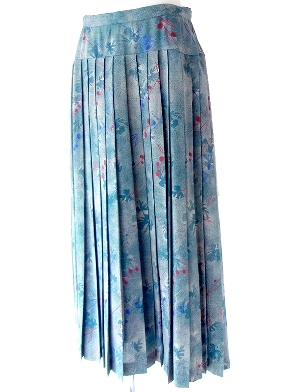 ヨーロッパ古着 フランス買い付け 70年代製 ブルーグリーン×ボタニカル柄 プリーツスカート 25FC215