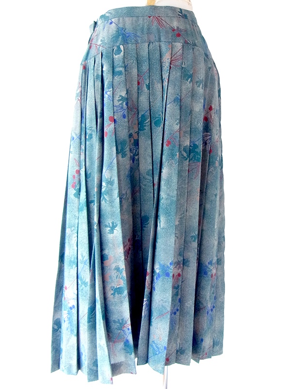 ヨーロッパ古着 フランス買い付け 70年代製 ブルーグリーン×ボタニカル柄 プリーツスカート 25FC215