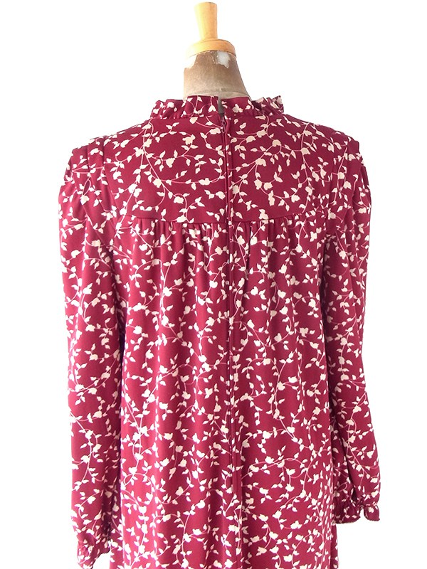 ヨーロッパ古着 フランス買い付け 70年代製 バーガンディー X ホワイト リーフ柄 ヴィンテージ ワンピース 25FC300