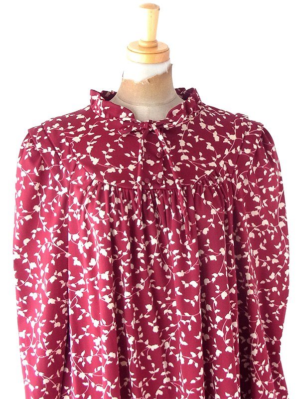 ヨーロッパ古着 フランス買い付け 70年代製 バーガンディー X ホワイト リーフ柄 ヴィンテージ ワンピース 25FC300