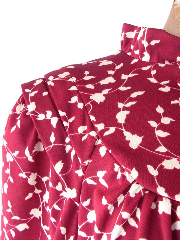 ヨーロッパ古着 フランス買い付け 70年代製 バーガンディー X ホワイト リーフ柄 ヴィンテージ ワンピース 25FC300