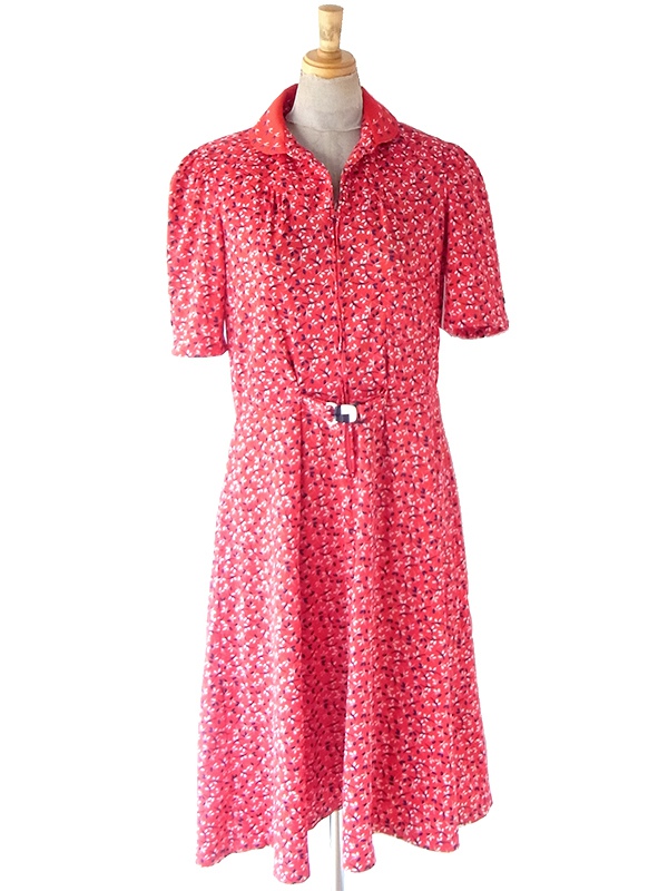 送料無料】70年代フランス製 レッド X ブルー・ホワイト 小花柄