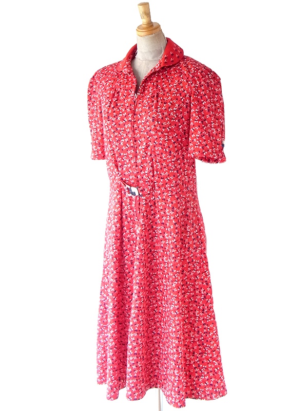 送料無料】70年代フランス製 レッド X ブルー・ホワイト 小花柄