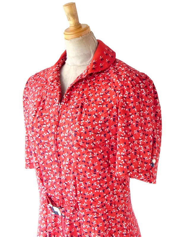 送料無料】70年代フランス製 レッド X ブルー・ホワイト 小花柄