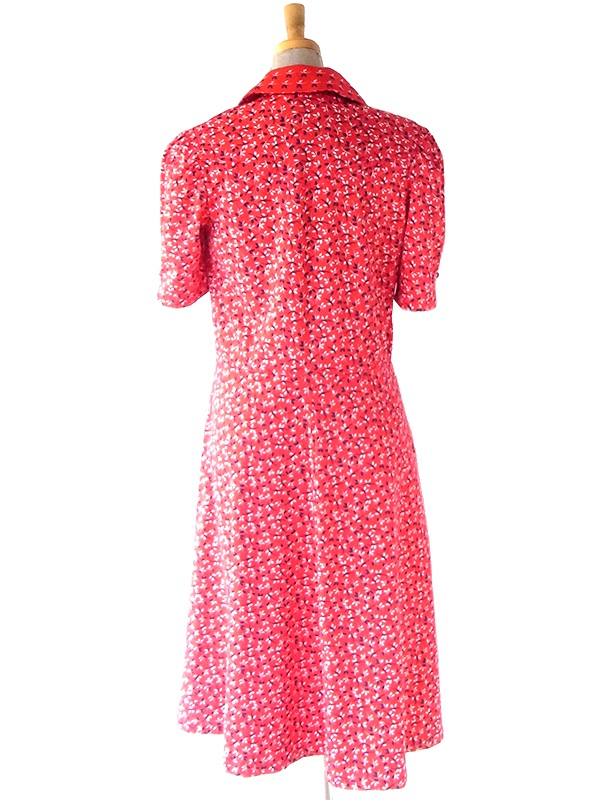 送料無料】70年代フランス製 レッド X ブルー・ホワイト 小花柄