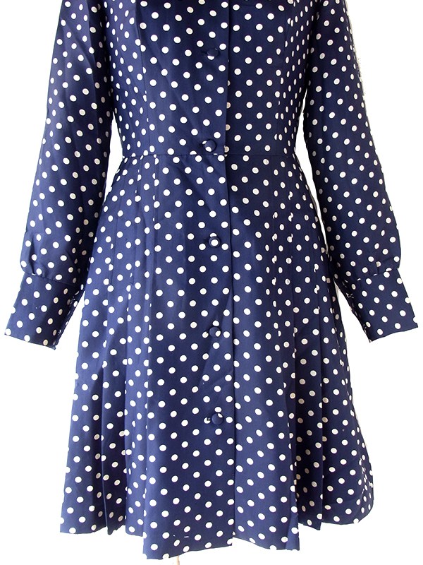 ヨーロッパ古着 フランス買付け 70年代製 ネイビー X ホワイト 水玉 フレアシルエット プリーツ ワンピース 25FC302