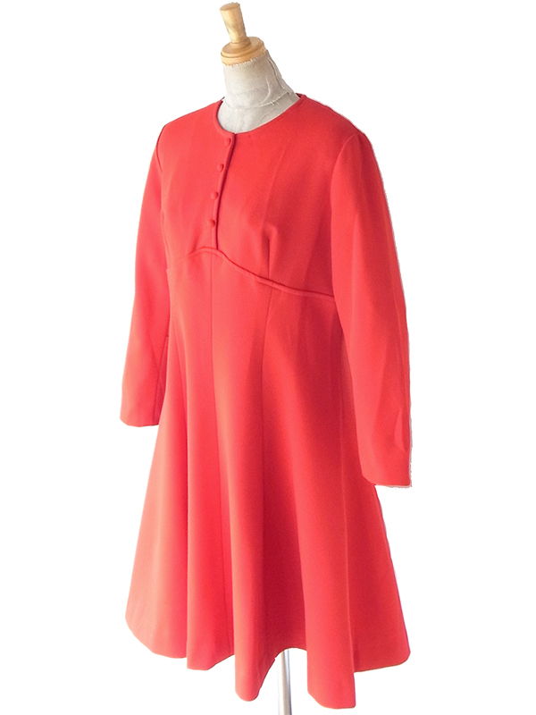 ヨーロッパ古着 70年代フランス製 オレンジレッド ヴィンテージ フレアシルエット ワンピース 25FC304