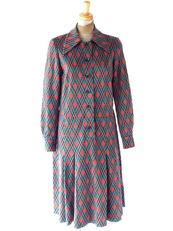 ヨーロッパ古着 フランス買い付け 70年代製 グリーン X  レッド・ブラック アーガイル柄 ヴィンテージ ワンピース 25FC305