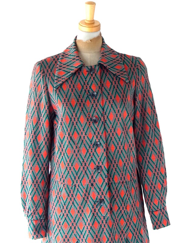 ヨーロッパ古着 フランス買い付け 70年代製 グリーン X  レッド・ブラック アーガイル柄 ヴィンテージ ワンピース 25FC305