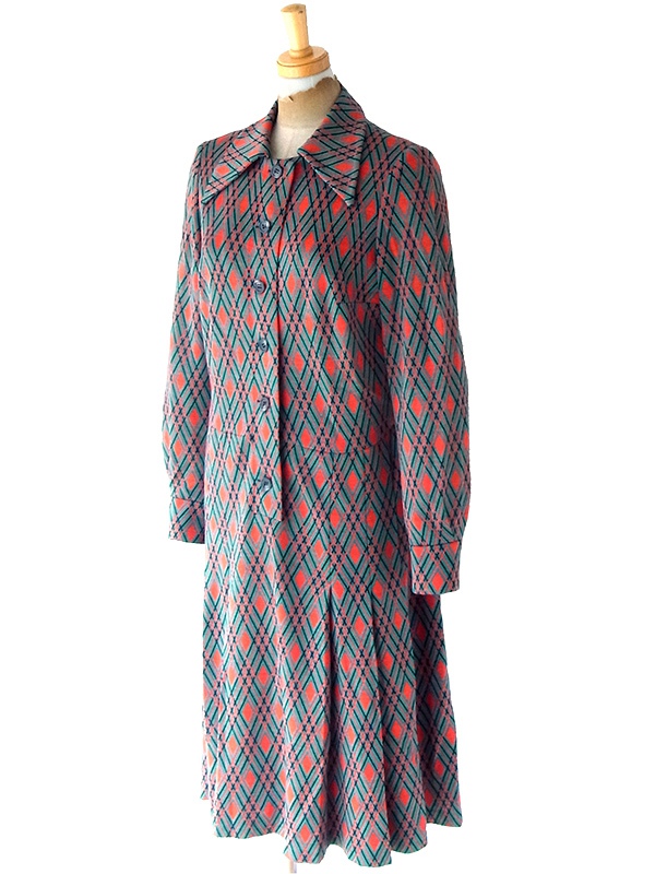 ヨーロッパ古着 フランス買い付け 70年代製 グリーン X  レッド・ブラック アーガイル柄 ヴィンテージ ワンピース 25FC305