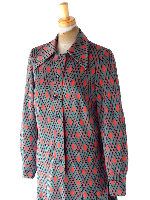 ヨーロッパ古着 フランス買い付け 70年代製 グリーン X  レッド・ブラック アーガイル柄 ヴィンテージ ワンピース 25FC305