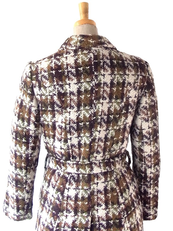 ヨーロッパ古着 フランス買い付け 60年代製 アイボリー X ブラウン・グリーン チェックツイード ウール コート 25FC310