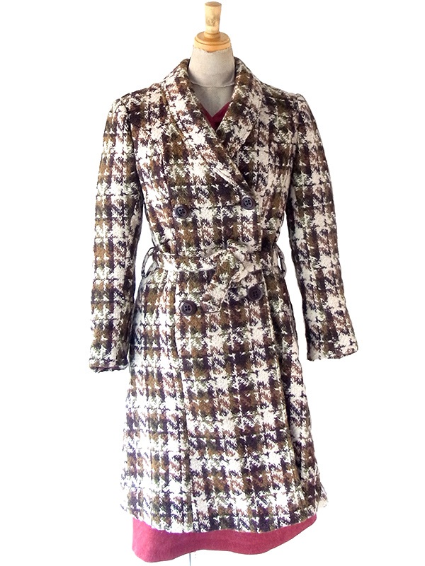 チェック柄コート　ツイード　フランス 送料無料】 フランス買い付け 60年代製 アイボリー X ブラウン