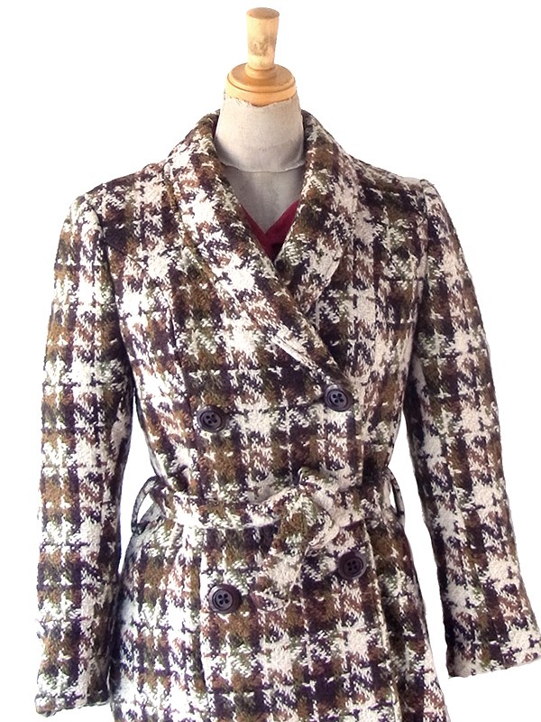 ヨーロッパ古着 フランス買い付け 60年代製 アイボリー X ブラウン・グリーン チェックツイード ウール コート 25FC310