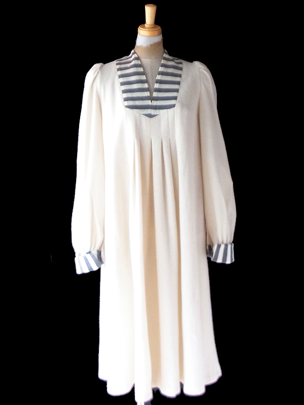 【送料無料】60年代フランス製 オフホワイト X グレイ ボーダー プリーツ ワンピース 26FC002【ヨーロッパ古着】