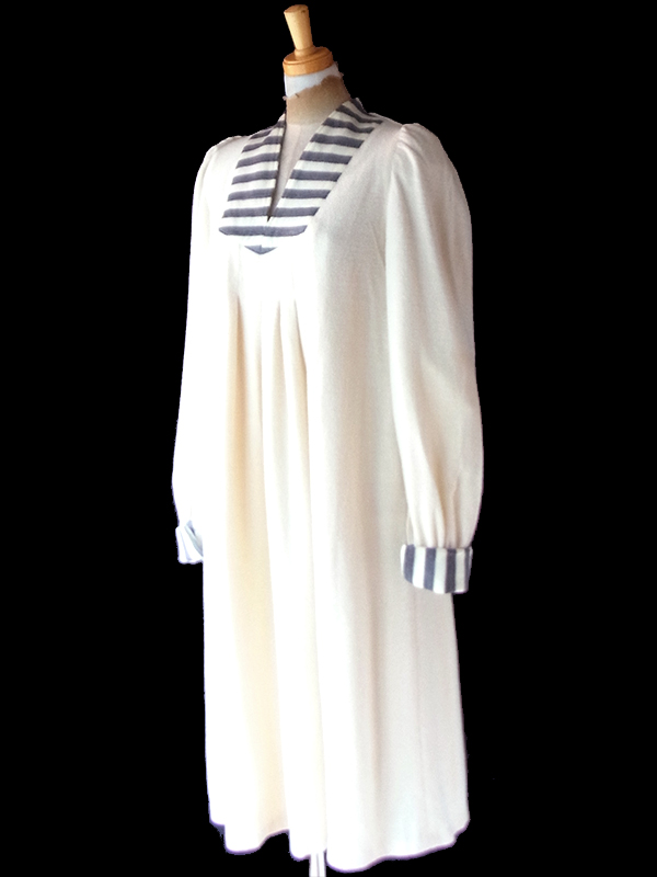 【送料無料】フランス買付け 60年代製 オフホワイト X グレイ ボーダー プリーツ ワンピース 26FC002【ヨーロッパ古着】