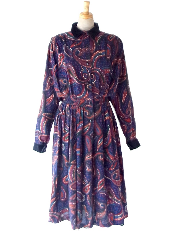 【送料無料】70年代フランス製 ネイビー X ペイズリー柄 ベルベットカラー ギャザー ヴィンテージ ワンピース 26FC003【ヨーロッパ古着】