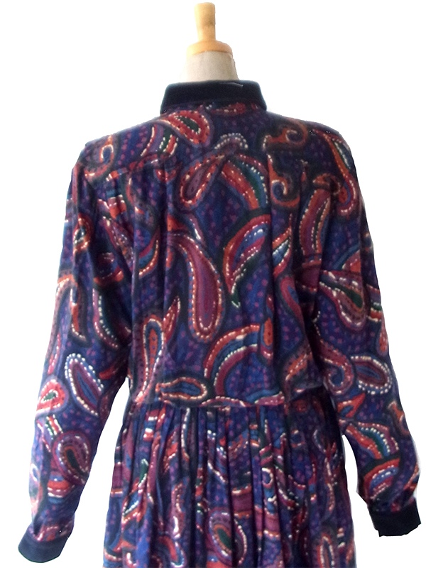 【送料無料】70年代フランス製 ネイビー X ペイズリー柄 ベルベットカラー ギャザー ヴィンテージ ワンピース 26FC003【ヨーロッパ古着】