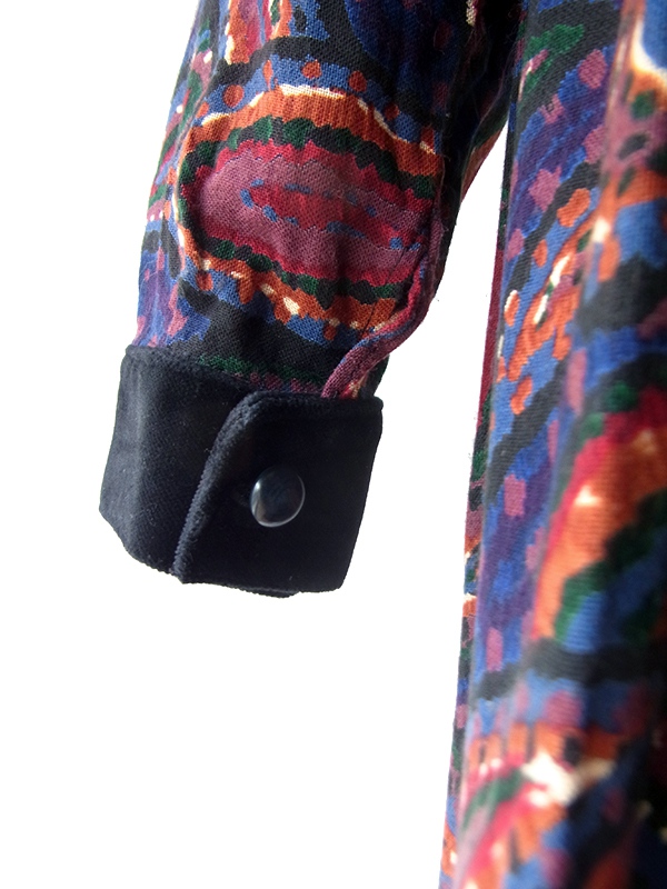 【送料無料】70年代フランス製 ネイビー X ペイズリー柄 ベルベットカラー ギャザー ヴィンテージ ワンピース 26FC003【ヨーロッパ古着】