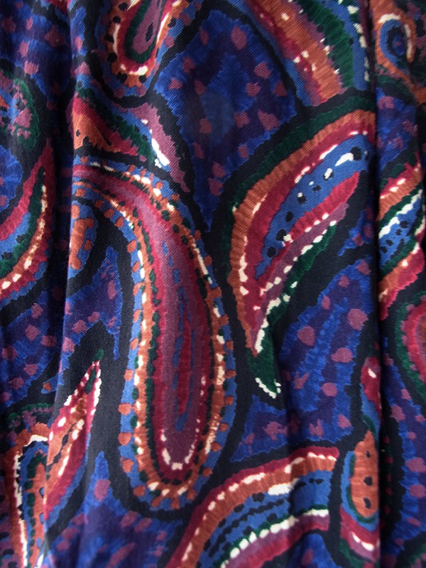 【送料無料】70年代フランス製 ネイビー X ペイズリー柄 ベルベットカラー ギャザー ヴィンテージ ワンピース 26FC003【ヨーロッパ古着】