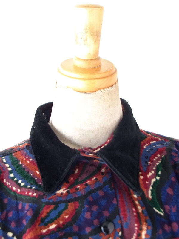 【送料無料】70年代フランス製 ネイビー X ペイズリー柄 ベルベットカラー ギャザー ヴィンテージ ワンピース 26FC003【ヨーロッパ古着】