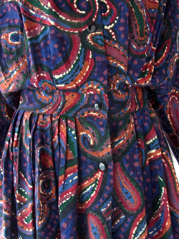 【送料無料】70年代フランス製 ネイビー X ペイズリー柄 ベルベットカラー ギャザー ヴィンテージ ワンピース 26FC003【ヨーロッパ古着】