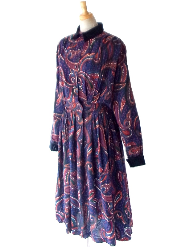 【送料無料】70年代フランス製 ネイビー X ペイズリー柄 ベルベットカラー ギャザー ヴィンテージ ワンピース 26FC003【ヨーロッパ古着】