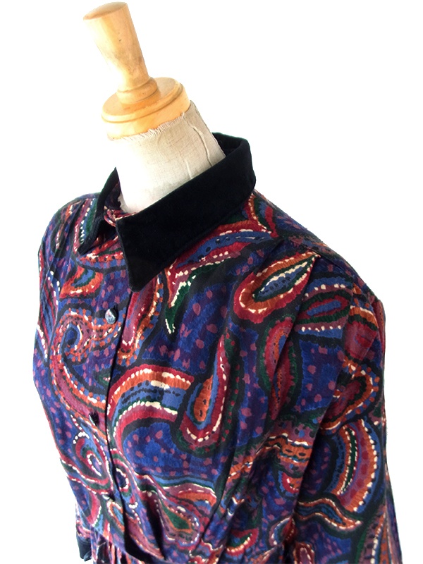 【送料無料】70年代フランス製 ネイビー X ペイズリー柄 ベルベットカラー ギャザー ヴィンテージ ワンピース 26FC003【ヨーロッパ古着】