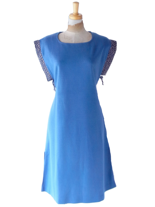 【送料無料】フランス買付け60年代製 スモーキーブルー X 小花柄トリム袖 ヴィンテージ ワンピース 26FC006【ヨーロッパ古着】