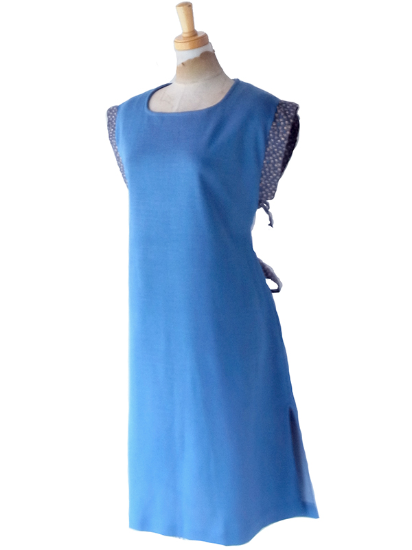 【送料無料】フランス買付け60年代製 スモーキーブルー X 小花柄トリム袖 ヴィンテージ ワンピース 26FC006【ヨーロッパ古着】