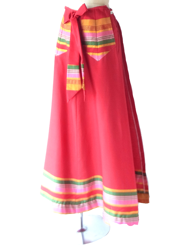 【送料無料】フランス買付け レッド X チロリアン調フォークロア織り柄 ポケット付き ロング 巻きスカート 26FC008【ヨーロッパ古着】