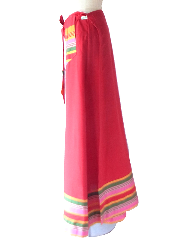 【送料無料】フランス買付け レッド X チロリアン調フォークロア織り柄 ポケット付き ロング 巻きスカート 26FC008【ヨーロッパ古着】
