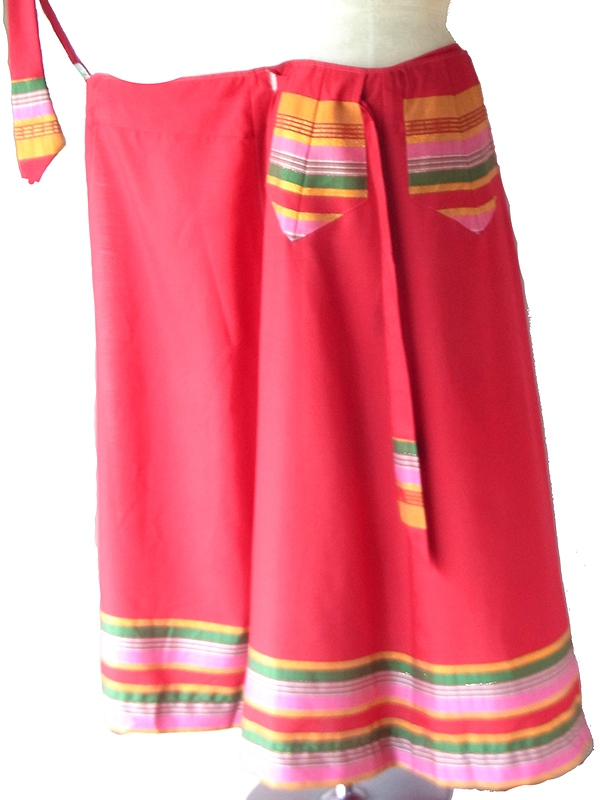 【送料無料】フランス買付け レッド X チロリアン調フォークロア織り柄 ポケット付き ロング 巻きスカート 26FC008【ヨーロッパ古着】