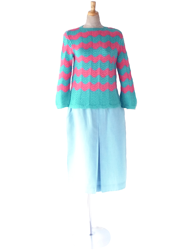 【送料無料】フランス買付け ターコイズブルー X ピンク スカラップ柄 バックファスナー ウール ニット トップス 26FC009【ヨーロッパ古着】