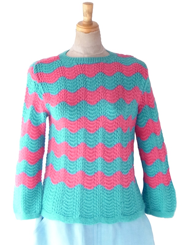 【送料無料】フランス買付け ターコイズブルー X ピンク スカラップ柄 バックファスナー ウール ニット トップス 26FC009【ヨーロッパ古着】