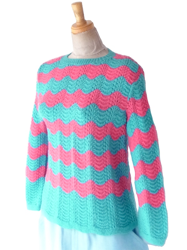 【送料無料】フランス買付け ターコイズブルー X ピンク スカラップ柄 バックファスナー ウール ニット トップス 26FC009【ヨーロッパ古着】