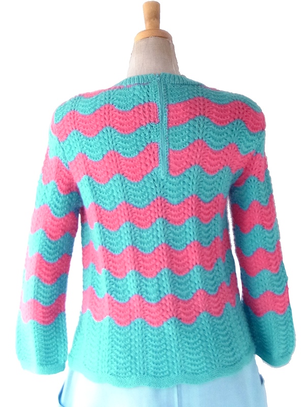【送料無料】フランス買付け ターコイズブルー X ピンク スカラップ柄 バックファスナー ウール ニット トップス 26FC009【ヨーロッパ古着】