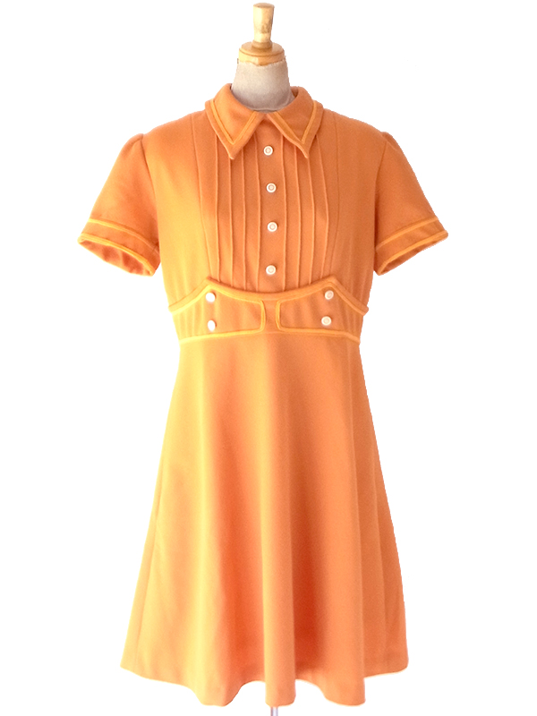 【送料無料】フランス買付け 60年代製 オレンジ&times;イエロー 飾りウエストベルト風切り替え ワンピース 26FC100【ヨーロッパ古着】