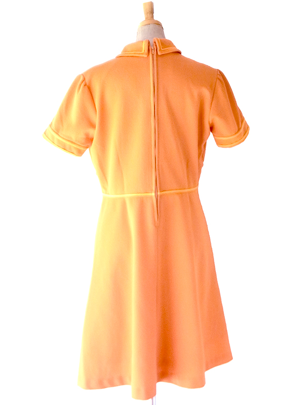 【送料無料】フランス買付け 60年代製 オレンジ&times;イエロー 飾りウエストベルト風切り替え ワンピース 26FC100【ヨーロッパ古着】