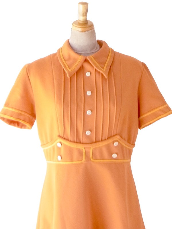 【送料無料】フランス買付け 60年代製 オレンジ&times;イエロー 飾りウエストベルト風切り替え ワンピース 26FC100【ヨーロッパ古着】