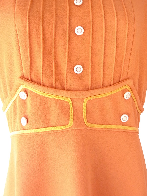 【送料無料】フランス買付け 60年代製 オレンジ&times;イエロー 飾りウエストベルト風切り替え ワンピース 26FC100【ヨーロッパ古着】