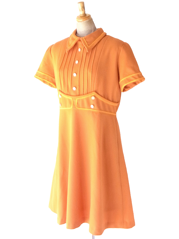 【送料無料】フランス買付け 60年代製 オレンジ&times;イエロー 飾りウエストベルト風切り替え ワンピース 26FC100【ヨーロッパ古着】