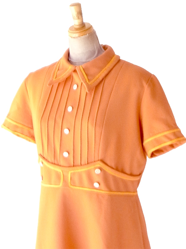【送料無料】フランス買付け 60年代製 オレンジ&times;イエロー 飾りウエストベルト風切り替え ワンピース 26FC100【ヨーロッパ古着】