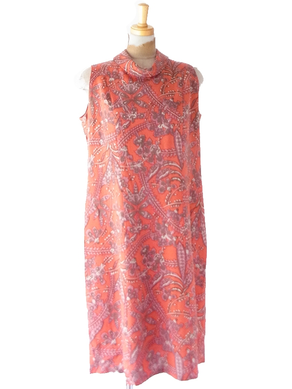 【送料無料】フランス買付け 60年代製 オレンジ&times;ペイズリー調ボタニカル柄 ロールカラー ワンピース 26FC101【ヨーロッパ古着】