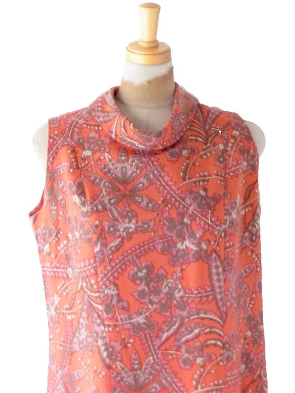 【送料無料】フランス買付け 60年代製 オレンジ&times;ペイズリー調ボタニカル柄 ロールカラー ワンピース 26FC101【ヨーロッパ古着】