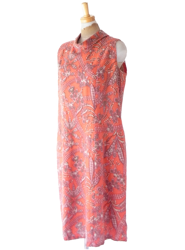 【送料無料】フランス買付け 60年代製 オレンジ&times;ペイズリー調ボタニカル柄 ロールカラー ワンピース 26FC101【ヨーロッパ古着】