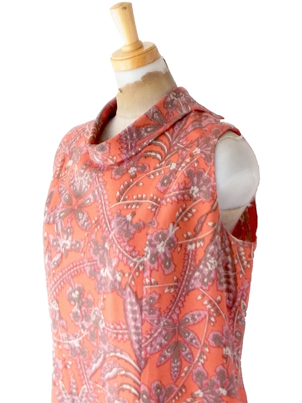 【送料無料】フランス買付け 60年代製 オレンジ&times;ペイズリー調ボタニカル柄 ロールカラー ワンピース 26FC101【ヨーロッパ古着】