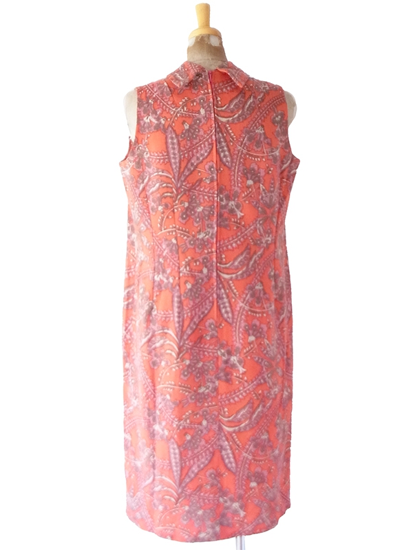 【送料無料】フランス買付け 60年代製 オレンジ&times;ペイズリー調ボタニカル柄 ロールカラー ワンピース 26FC101【ヨーロッパ古着】